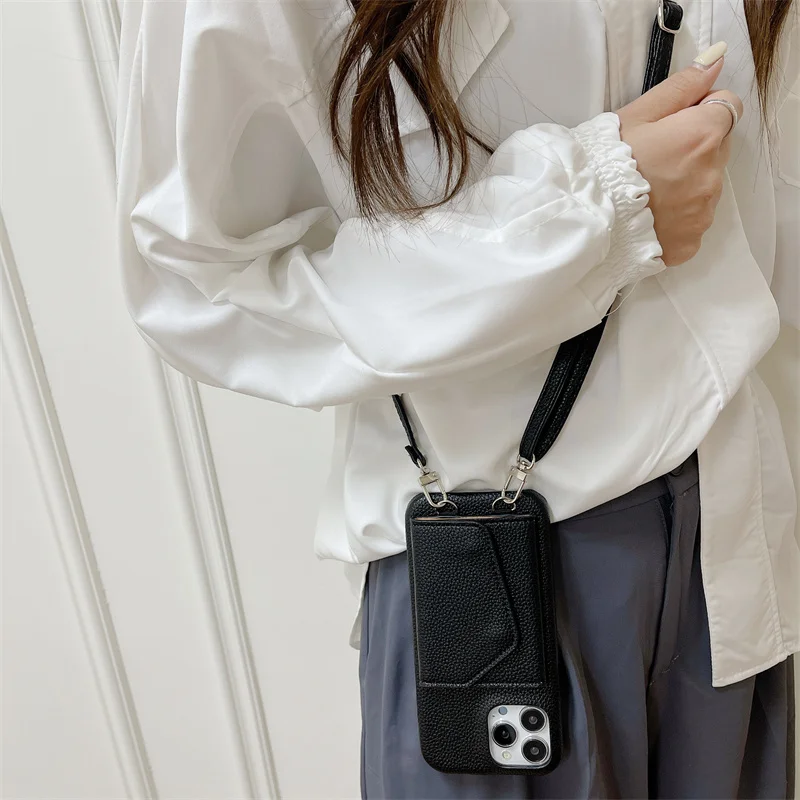 Trendy Crossbody lanyard leather wallet case for iPhone 16 17 15 16Pro 14 15pro 11 13 Pro Max 12 13pro makeup mirror phone bag