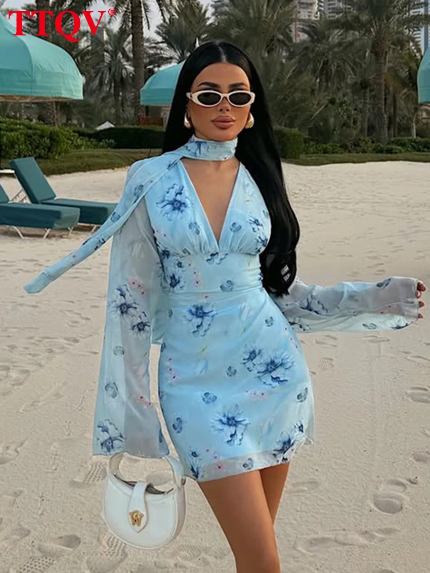 

TTQV Sexy Slim Print Women's Dress 2026 Autumn V-Neck Long Sleeve Mini Dresses Lady Elegant Classic High Waist Female Dress