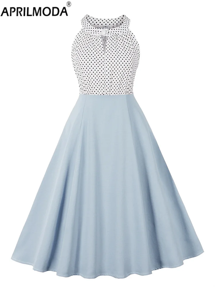 2025, Sommer, ärmellos, Neckholder, lässig, Patchwork, Damenkleid, elegant, rosa, blau, grün, gepunktet, Midi-Laufsteg, kurze Kleider