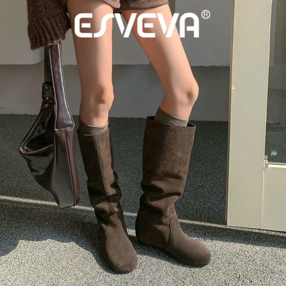 ESVEVA 2027 Fashion News Women Knee High Boots Cow Suede Winter Western Woman Shoes Wedge Heels Pleated Autumn Long Boots 34-40