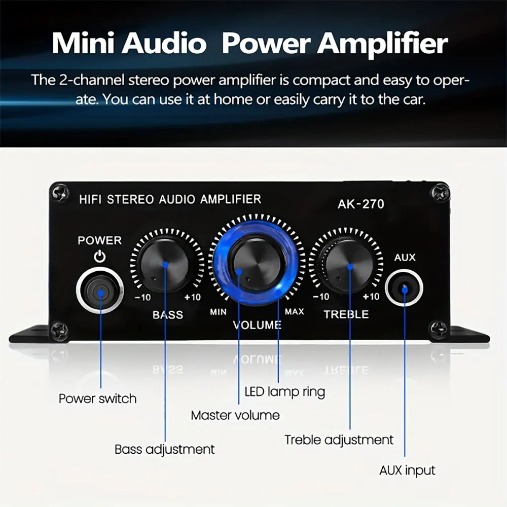 Mini Car Amplifier 2-Channel Home Cinema Sound System 12V Stereo Bass Treble 3D Stereo Audio Amplifier for Vehicle
