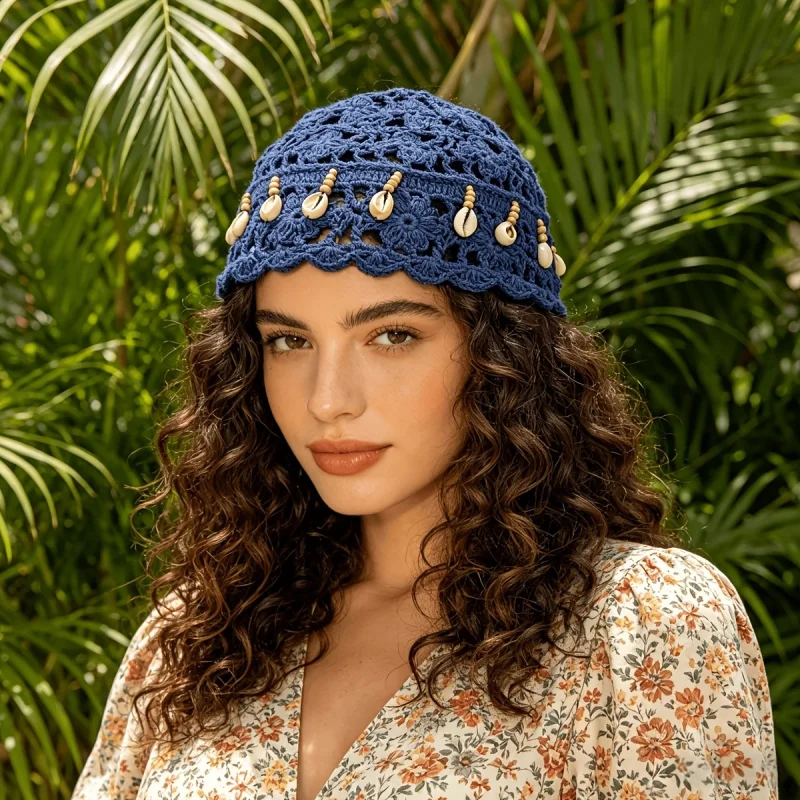 Summer Ethnic Style Beaded Shell Flower Hollow Out Beanie Women Breathable Travel Photography Versatile Pullover Hat