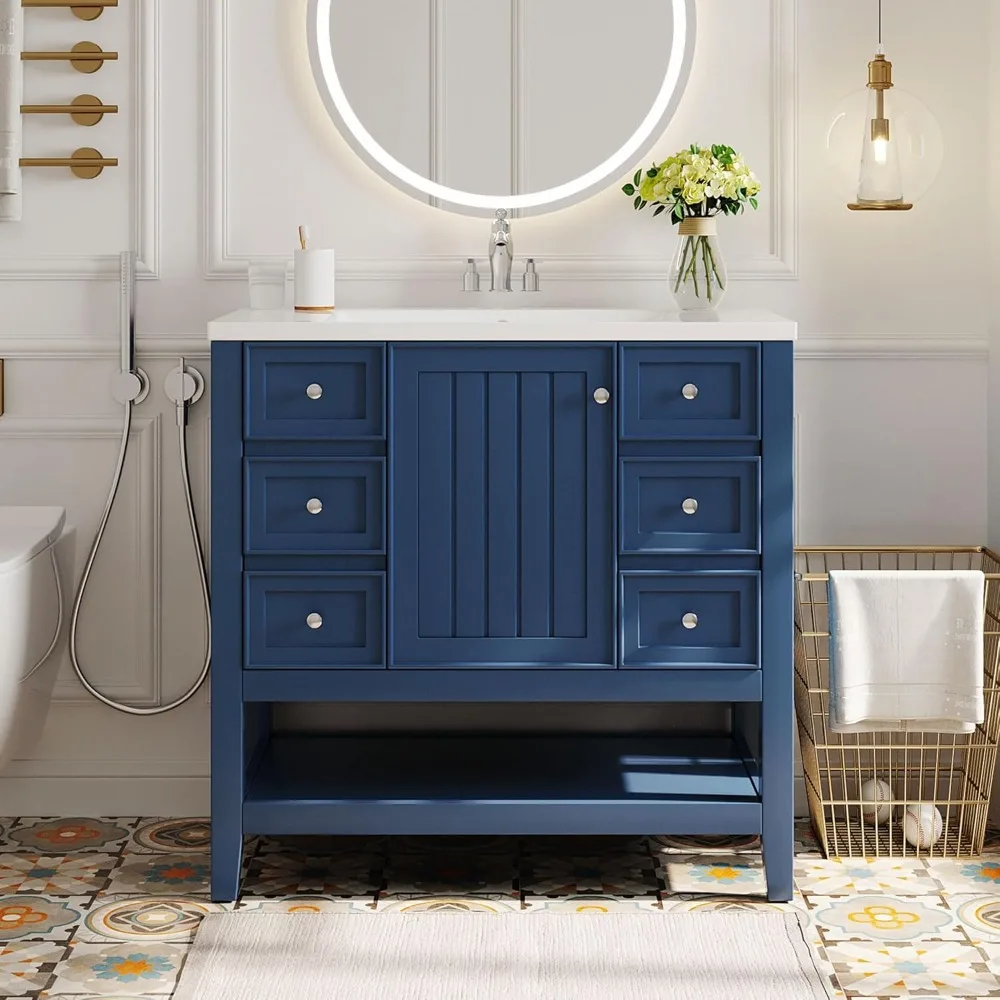 

36" Vanity Bathroom Cabinet with Sink Top, Three Multi-Functional Drawers, Open Storage Space, Adjustable Shelf, Blue
