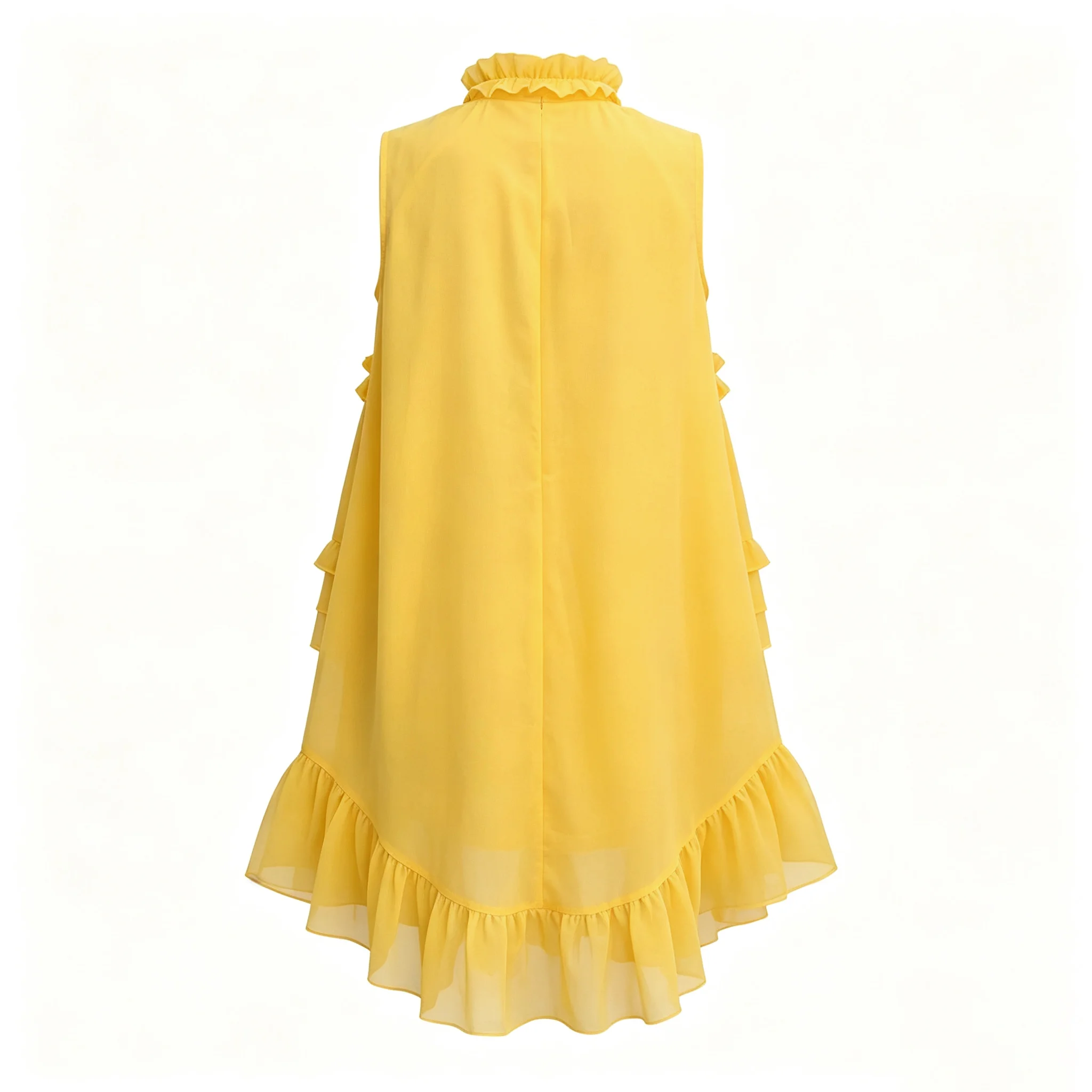 Ärmelloses, gestuftes Rüschen-Minikleid, gerüschtes Chiffon-Kurzkleid mit Knöpfen, Damen, lässig, locker, sommerlich, süß, Boho, Urlaubs-Sommerkleid – Detail 4