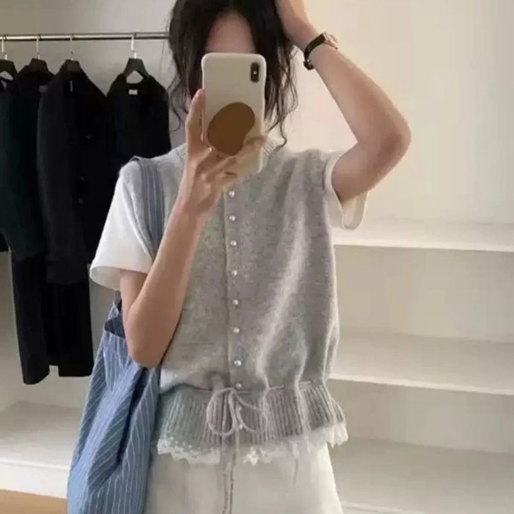 

Women's Sweet Single Breasted Lace Spliced Round Neck Sweater Vest Korean Style Lace Up Waist Cinching Sleeveless Knitted Top