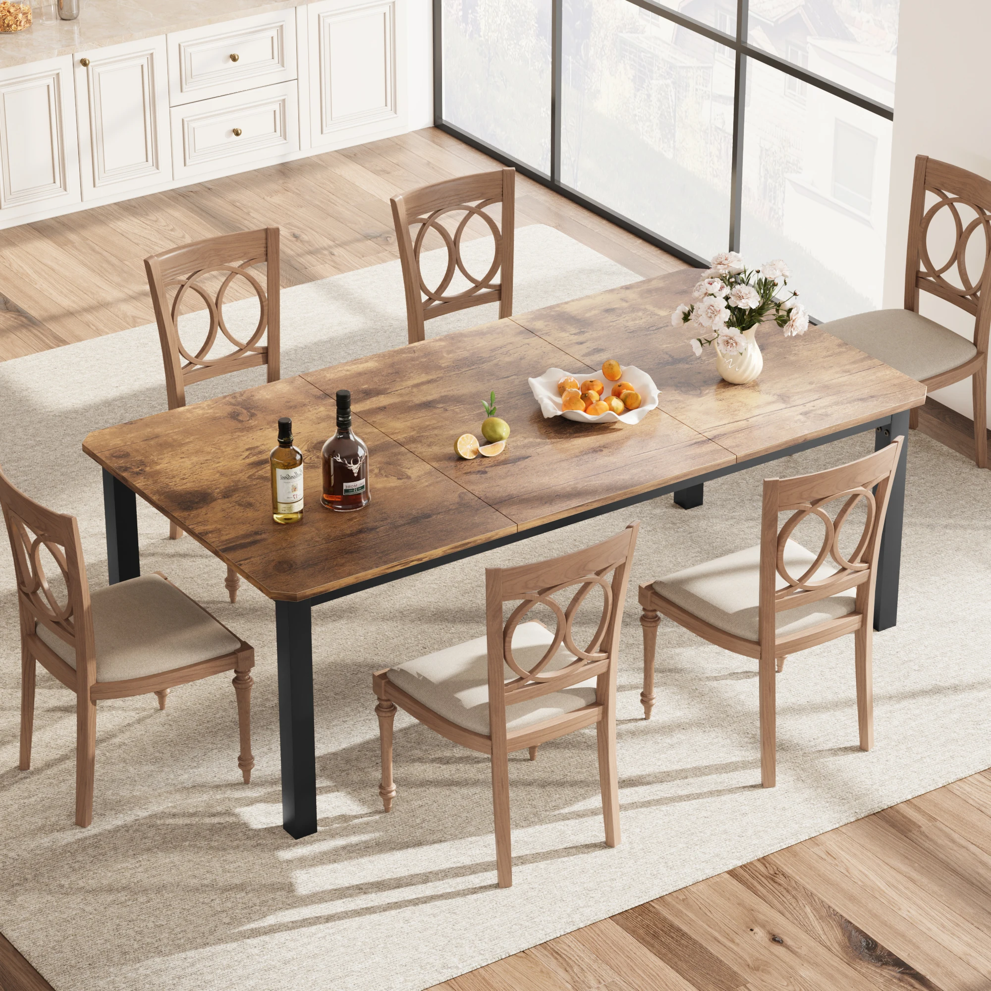 Industrial Dining Table for 6-8 People, 78.7 in Long Wooden Kitchen Table with Sturdy Metal Frame, Seats 6 Rectangular Counter for Dinner, Kitchen, Dining Room - Rustic Brown