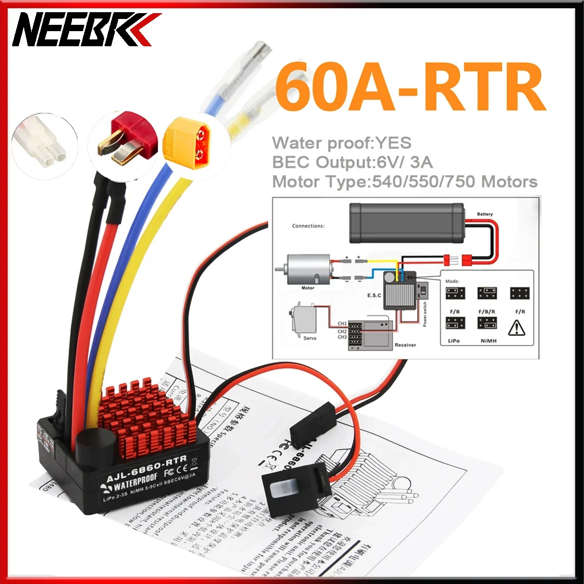 NEEBRC 60A Brushed ESC Waterproof Speed Controller 6V/3A BEC 3 Modes 2-3S for RC Car 540/550 Motors Vehicles Crawler Boat Tank