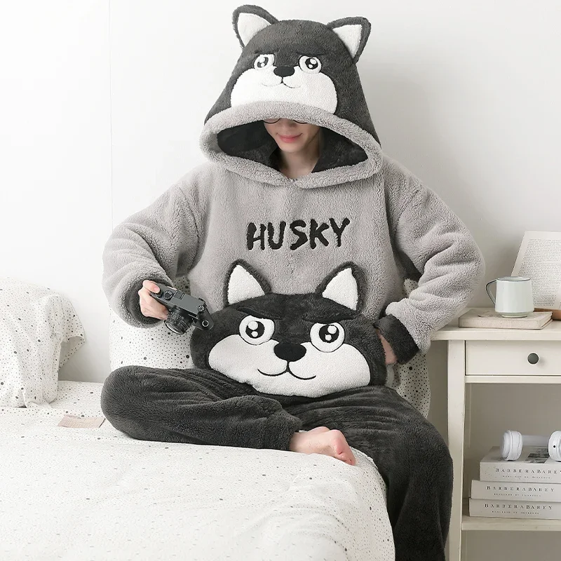 Winter Korean Men Pijamas Sets Thick Male Unisex Sleepwear Lovely Dog Man Loose Pyjama Hooded Soft Warm Pajamas Suit Loungewear