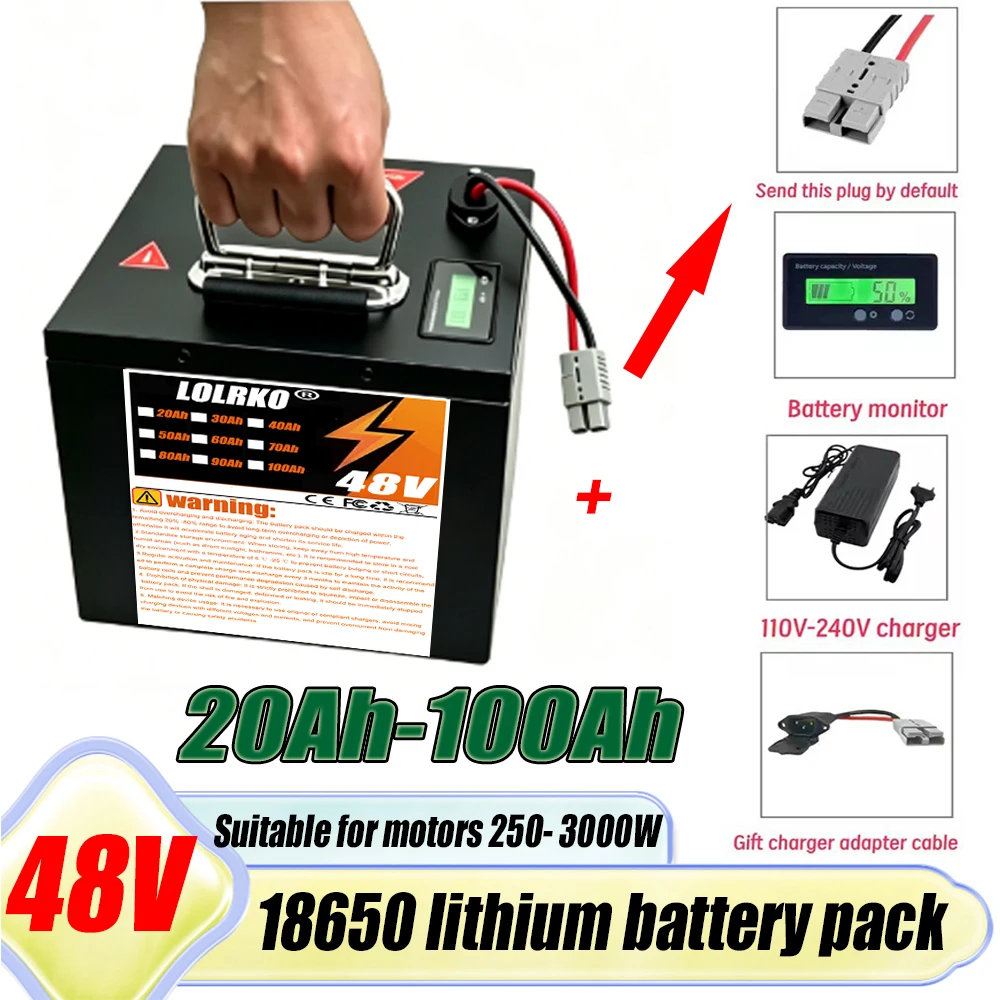 

48V 20-100Ah Electric Motorcycle Waterproof 18650 Lithium Battery Pack 3000W Suitable for Electric Scooter Battery