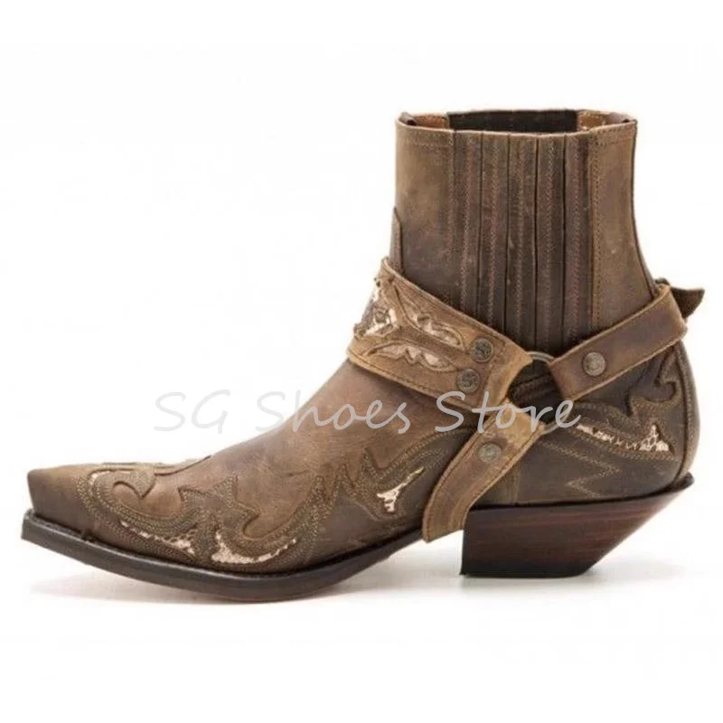 Retro Embroidery Western Cowboys Boots for Men Pointed Toe Wedges Buckle Strap Chelsea Boots Male Dress Shoes Motorcycle Boots image 4