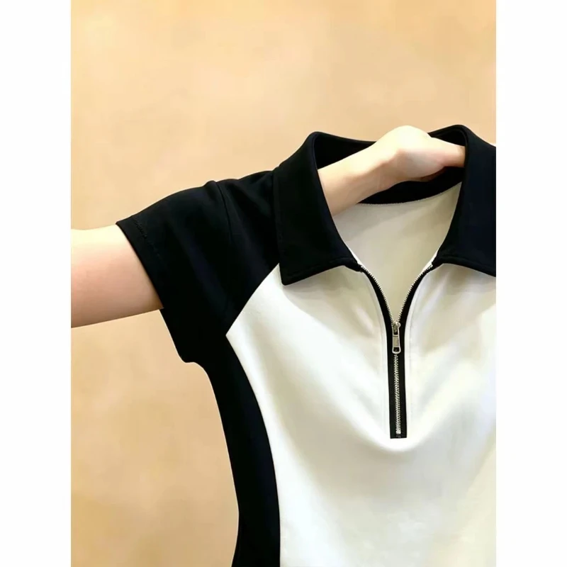 Zipper Contrast Patchwork Plus Size Trend Tops Summer Short Sleeve Polo Neck High Street T Shirts Korean Fashion Women Clothing