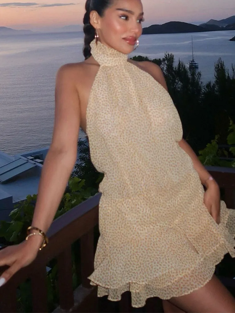 Hh 2025 verão moda feminina estilo praia impresso mini saia elegante em camadas pescoço halter vestido feminino streetwear y2k