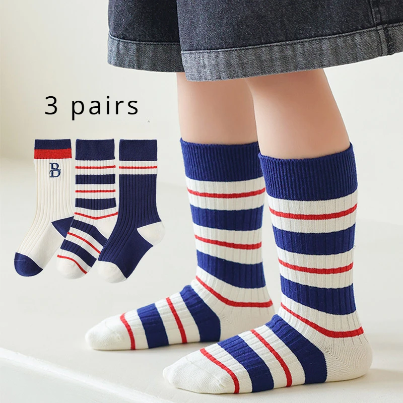 3 Pairs of Spring and Autumn Kids Trend Letter Striped Sport Comfortable Breathable Cotton Stockings for Boys and Girls