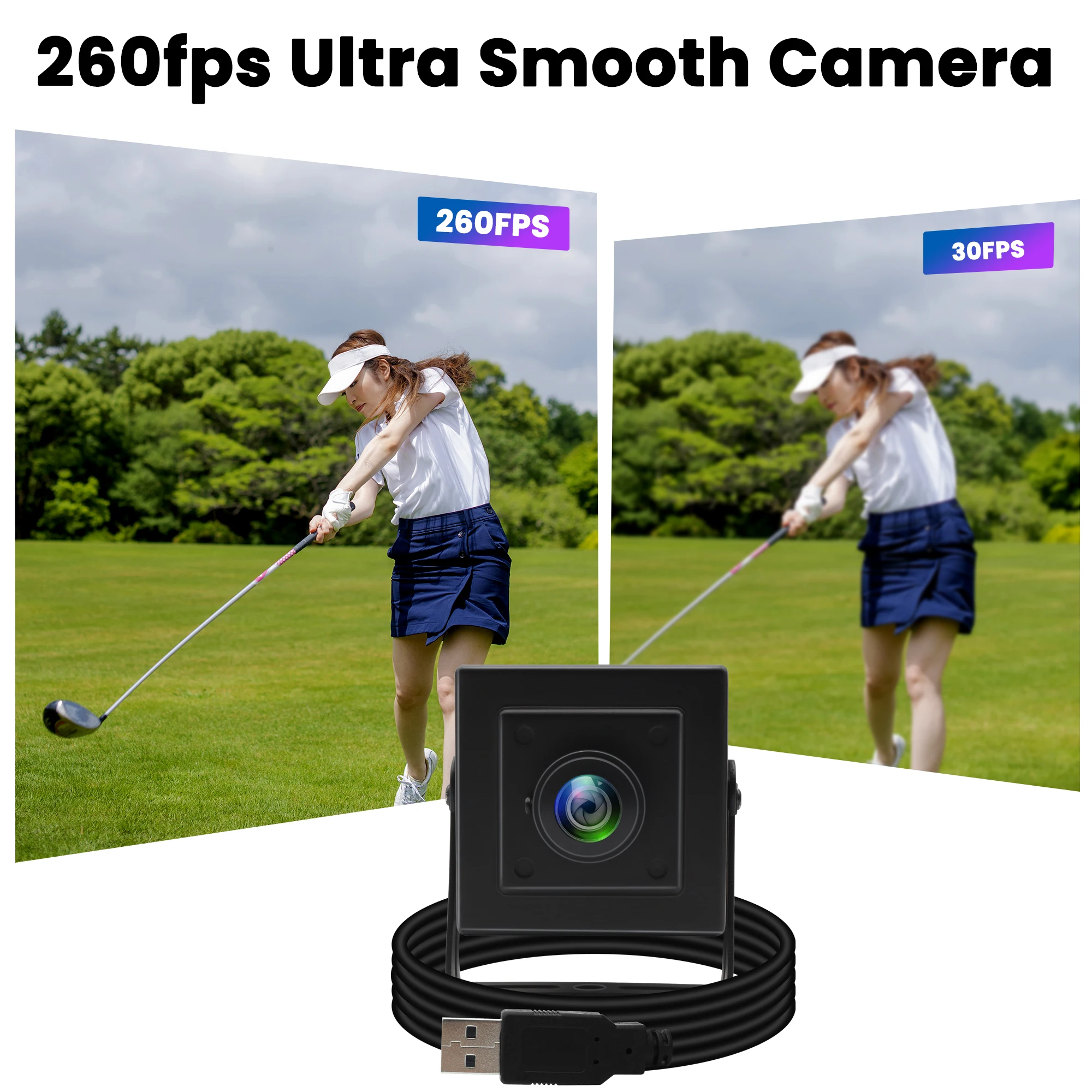 ELP High Speed USB Camera 260FPS@360P 120FPS@720P 60FPS@1080P Fisheye Wide Angle Webcam OV4689 Computer Camera for Golf Video