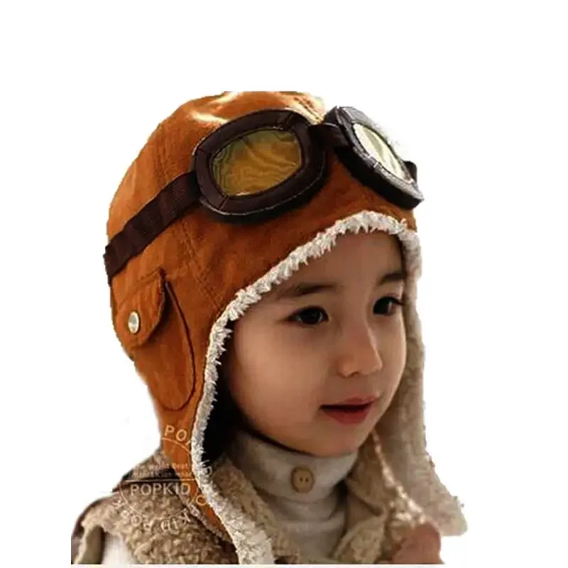 Kids Bomber Hats Boys Pilot Aviator Hat Brown Earmuffs Beanies Winter Warm Earflap Ear Protection Cap Child Accessories