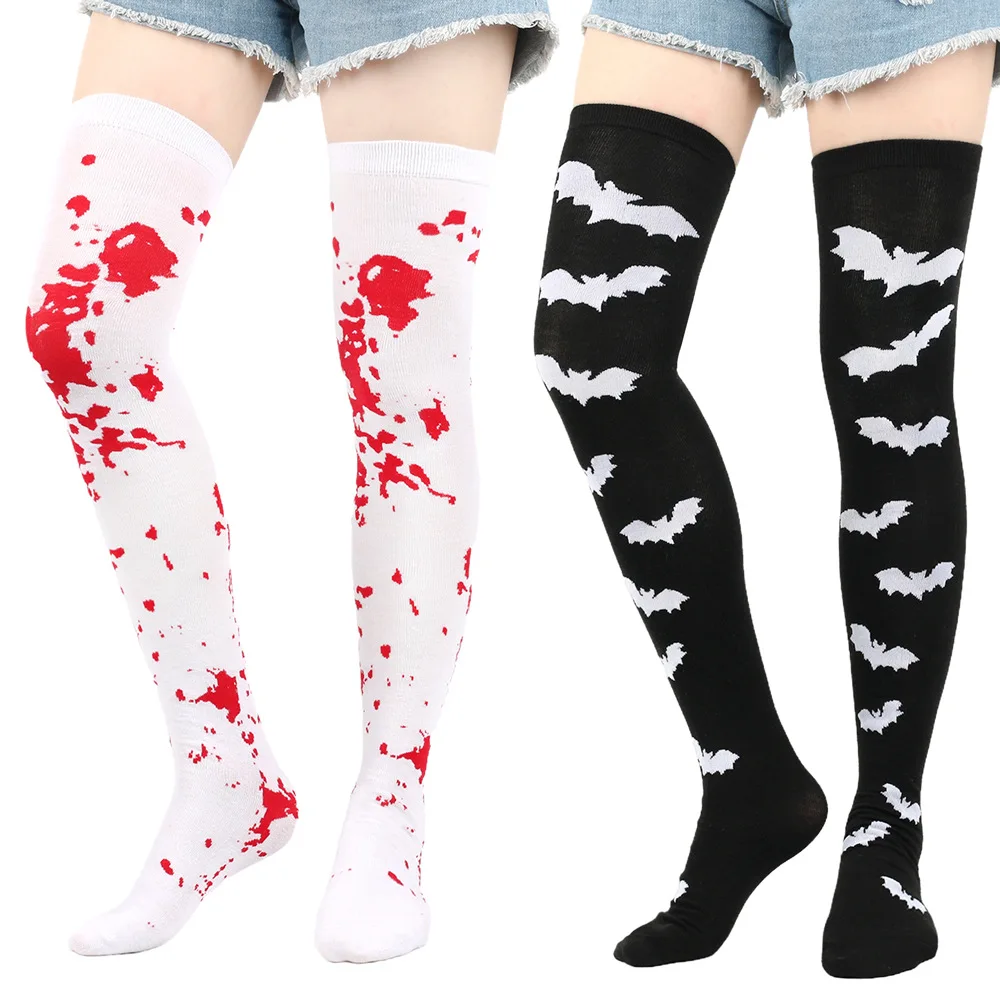 Good-looking Holiday Costume Party Skull Stockings Cool Girls' Style Black Solid Color Cartoon Bat Sock Halloween Bleeding Socks
