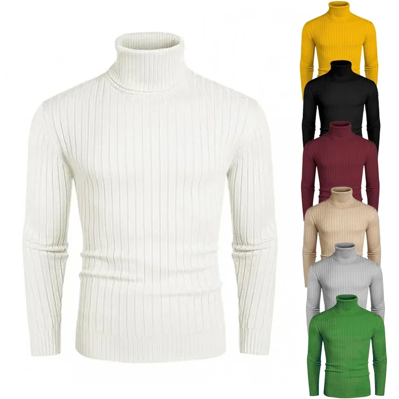 High Neck Sweater Men's Solid Color Wool Sweater Autumn and Winter New Loose Thick Warm Knit Base Sweater High-end Fashion