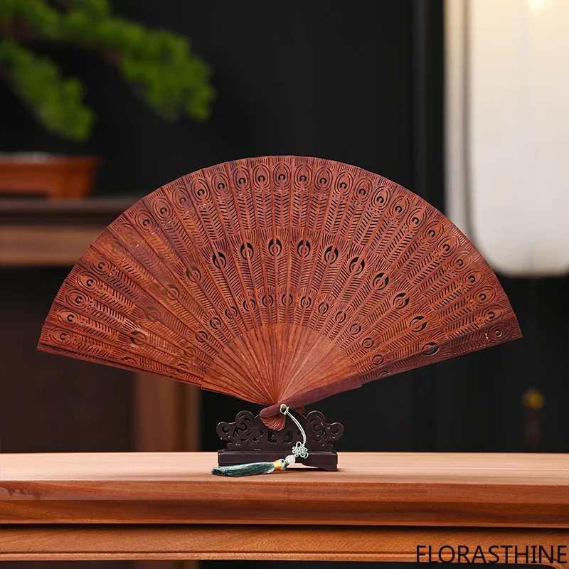 Sandalwood Rosewood Green Sandalwood Su Fan Chinese Style Folding Fan Hollow-carved Gift Literary