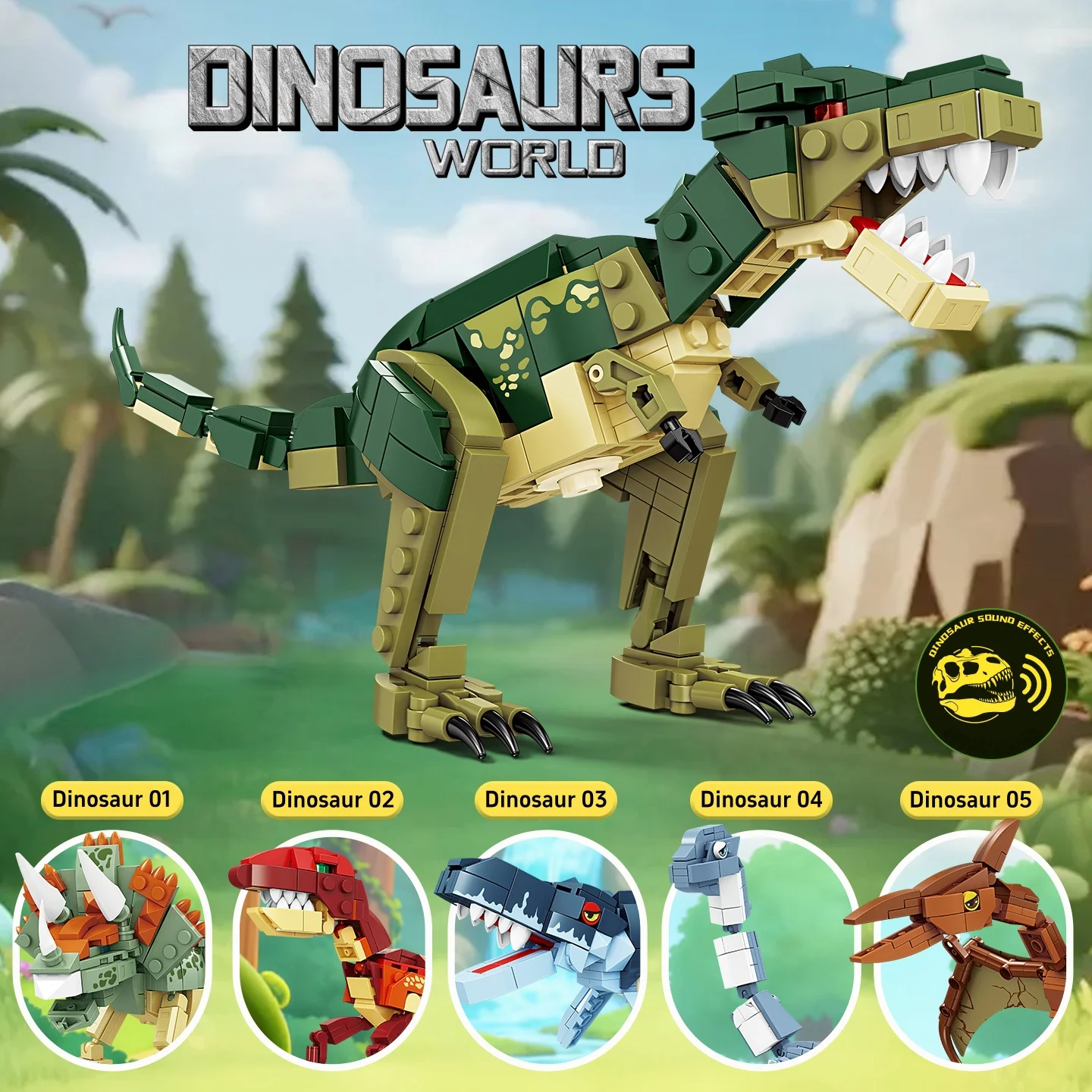 Dinosaur Building Bricks Set with Sound Effects Multiple Styles T-Rex Triceratops DIY Model Puzzle Toy Gift for Kids Teens Boys