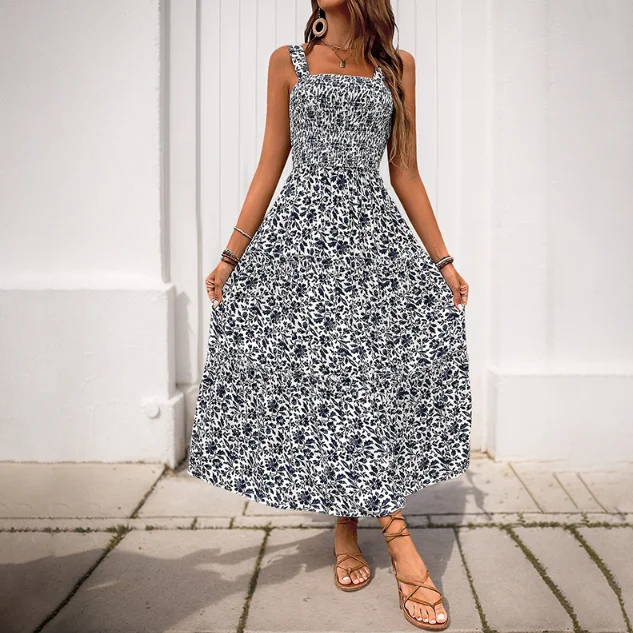 

Summer Floral Print Camisole Dress for Women with Square Neckline and High Waist, Sweet and Fresh Countryside Style Long Dress