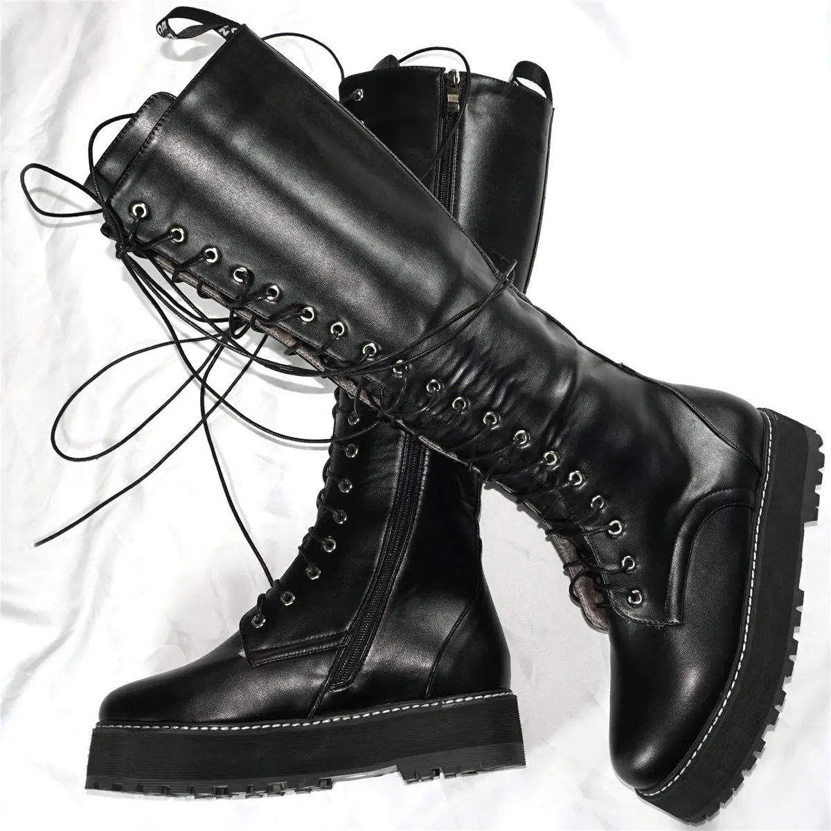 Black Winter Punk Creepers Women Lace Up Med Heel Knee High Motorcycle Boots Female Round Toe Chunky Platform Pumps Casual Shoes