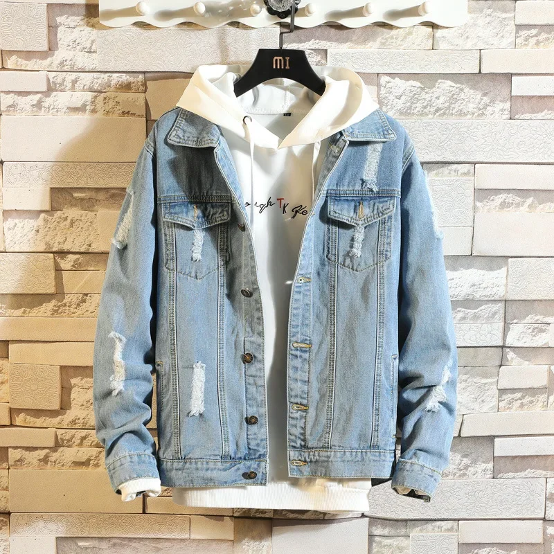 Trendy Spring Men's Denim Jacket Student Style Cool Korean Version Unique Casual Clothing Loose Fit Ripped Top For Men