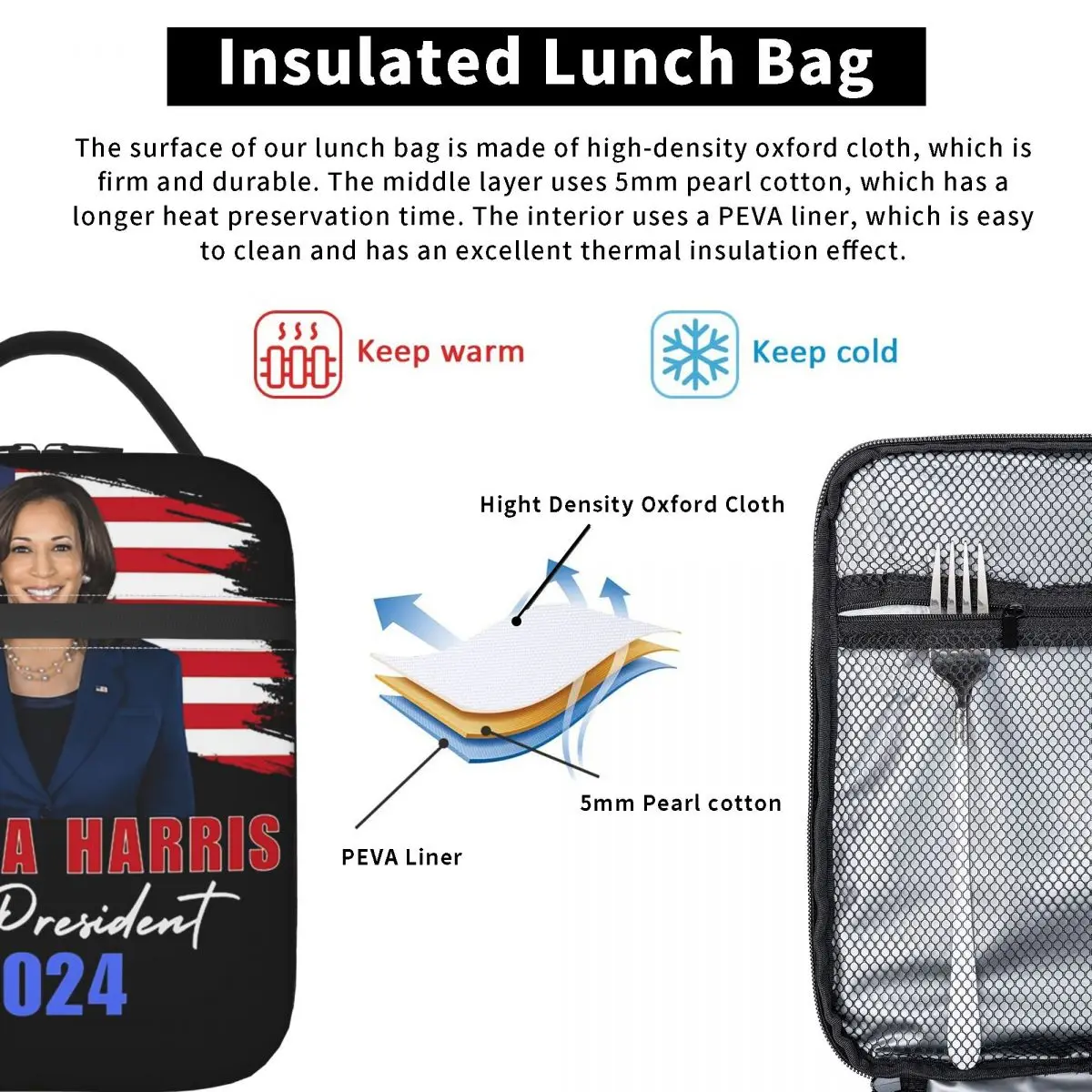 Kamala Harris For President 2024 Insulated Lunch Bag for Women Kids Portable Food Boxes Thermal Lunch Box Tote