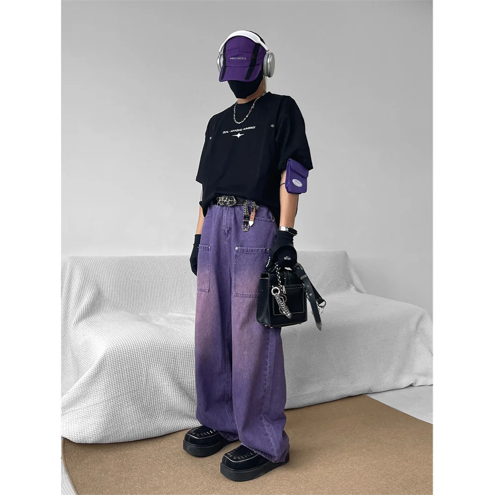 Jeans Pria Jepang Jeans Ungu Modis Celana Baggy Kargo Denim Tari Skateboard Pakaian Jalanan Kasual Antik Lurus Longgar