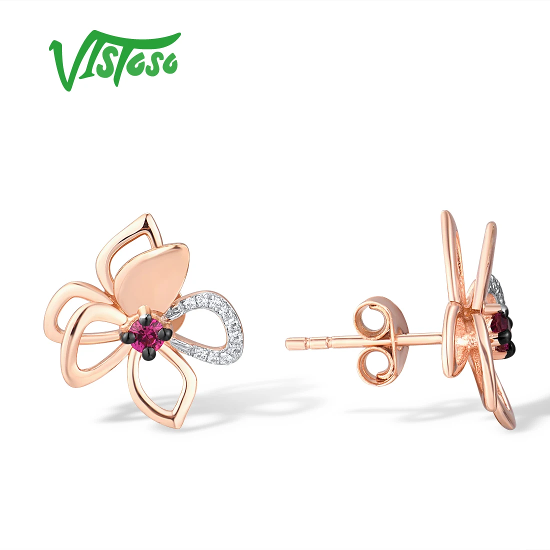 VISTOSO Genuine 14K 585 Rose Gold Stud Earrings For Women Natural Ruby Diamond Delicate Flower Wedding Party Gifts Fine Jewelry