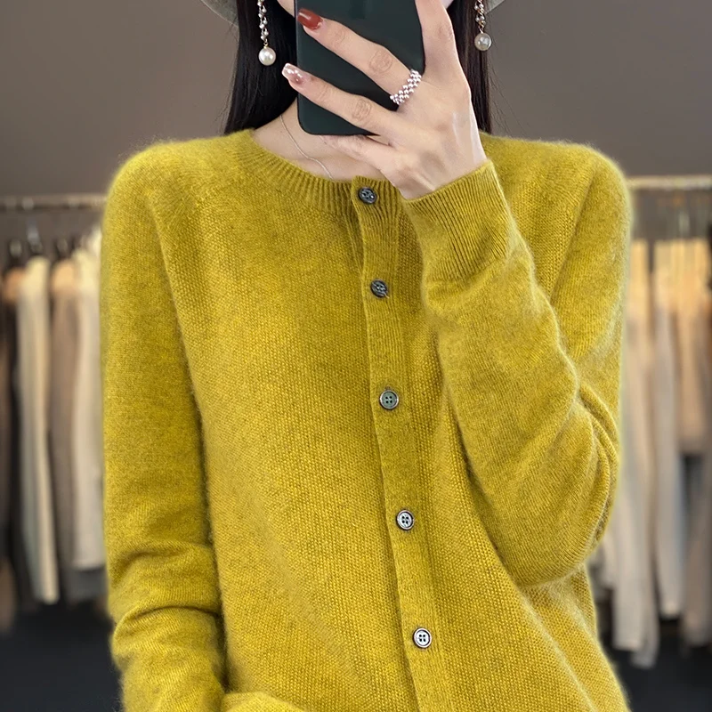 ZYCZCXX 100% Merino Wool women\'s knitted Cardigan O neck sweater Women 2024 new solid color basic sweater cardigan Korean jacket