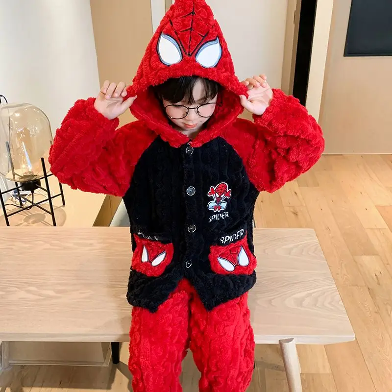 Marvel Spiderman Bonito Outono e Inverno Moda e Legal Anime Engrossado Quente Casa Roupas Pijamas Conjunto para Meninos e Meninas