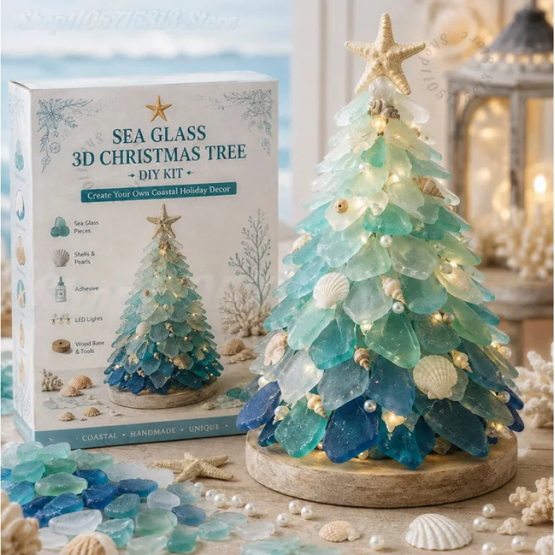 Christmas DIY Sea Glass Craft Kit with LED Light,Make Your Own Coastal Holiday Tabletop Ornament, Complete DIY Art Kit view 3