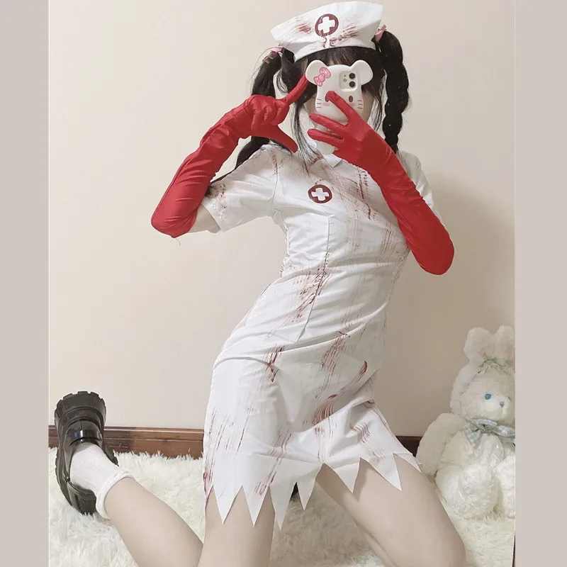 

loween Devil Costume Bloody Nurse Terroristic Women's Zombie Performance Suit Par Masquerade Outfit Polyester