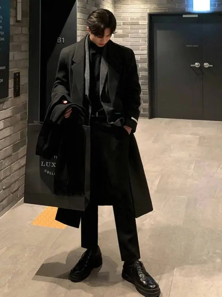 เสื้อโค้ทขนสัตว์ผู้ชายสไตล์เกาหลี ปกพับ กระดุมแถวเดียว ยาวคลุมเข่า หนา ใส่สบาย ลำลอง สำหรับผู้ชาย ฤดูหนาว 2025