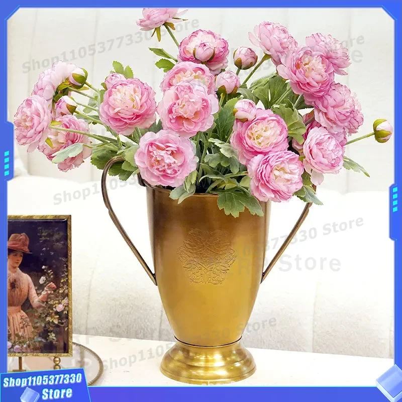 Luxury Brass Vase with Large Handles Creative Flower Bucket for Home Decor European American Simple Style Versatile Floral