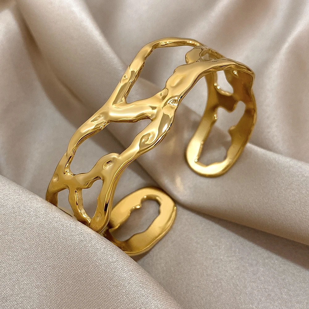 316L Stainless Steel Irregular Hollow Open Cuff Bangles for Women Fashion Gold Color Geometric Unique Design Bangles Bracelets