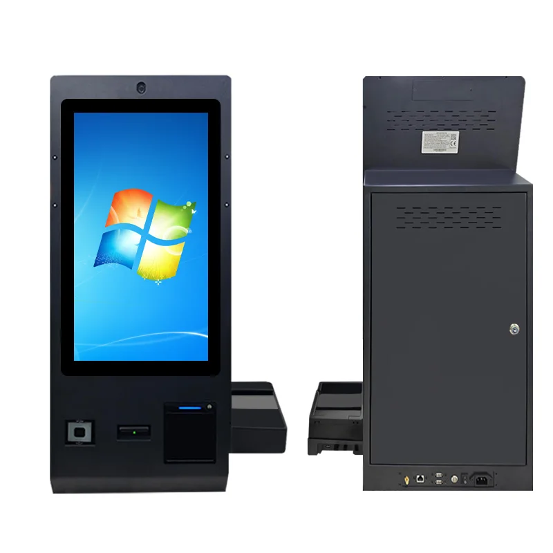 آلة طلب الخدمة الذاتية بشاشة تعمل باللمس لسطح المكتب مقاس 24 بوصة مع كشك عرض الدفع لطابعة الماسح الضوئي لجواز السفر OCR