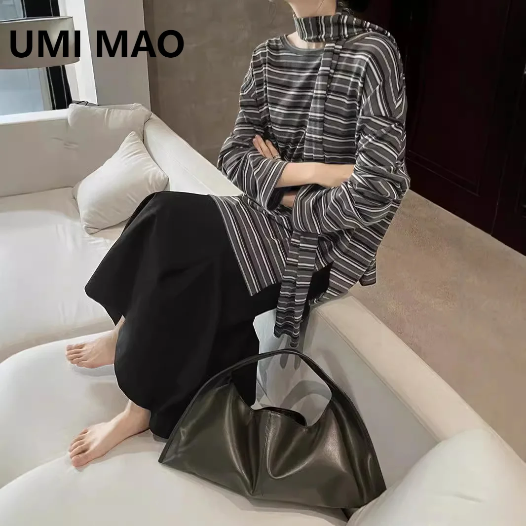 UMI MAO Autumn New Top Women's Korean Edition Contrast Striped One Word Neck Relaxation Versatile Long Sleeve T-shirt For Femme