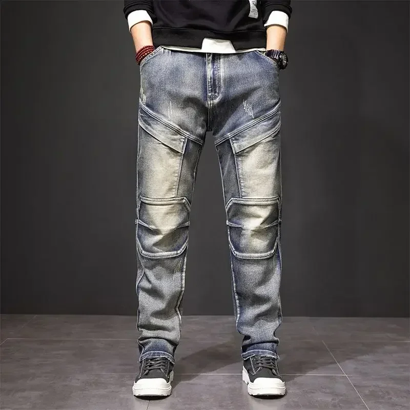 

Trousers with Pockets Motorcycle Male Cowboy Pants Spliced Cargo Jeans for Men Straight Regular Spring Autumn New in Denim Kpop