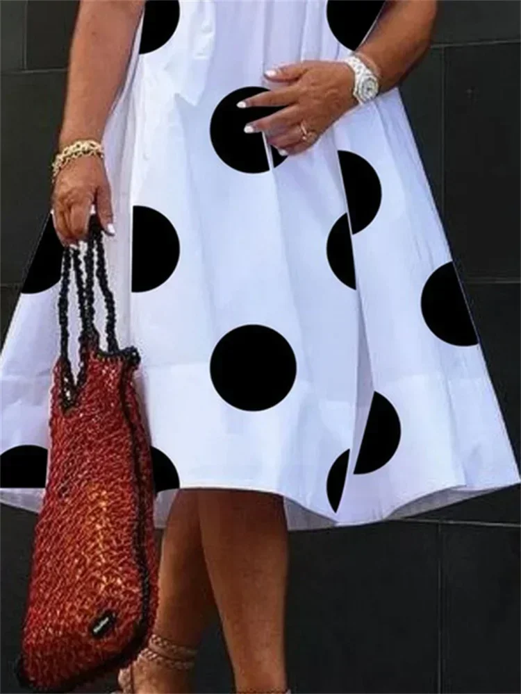 Uoozee Dames Oversize Polka-Dot Hoge Taille A-lijn Jurk 2025, Zomer Korte Mouwen Geplooid Elegant Feestavond Midi-jurken