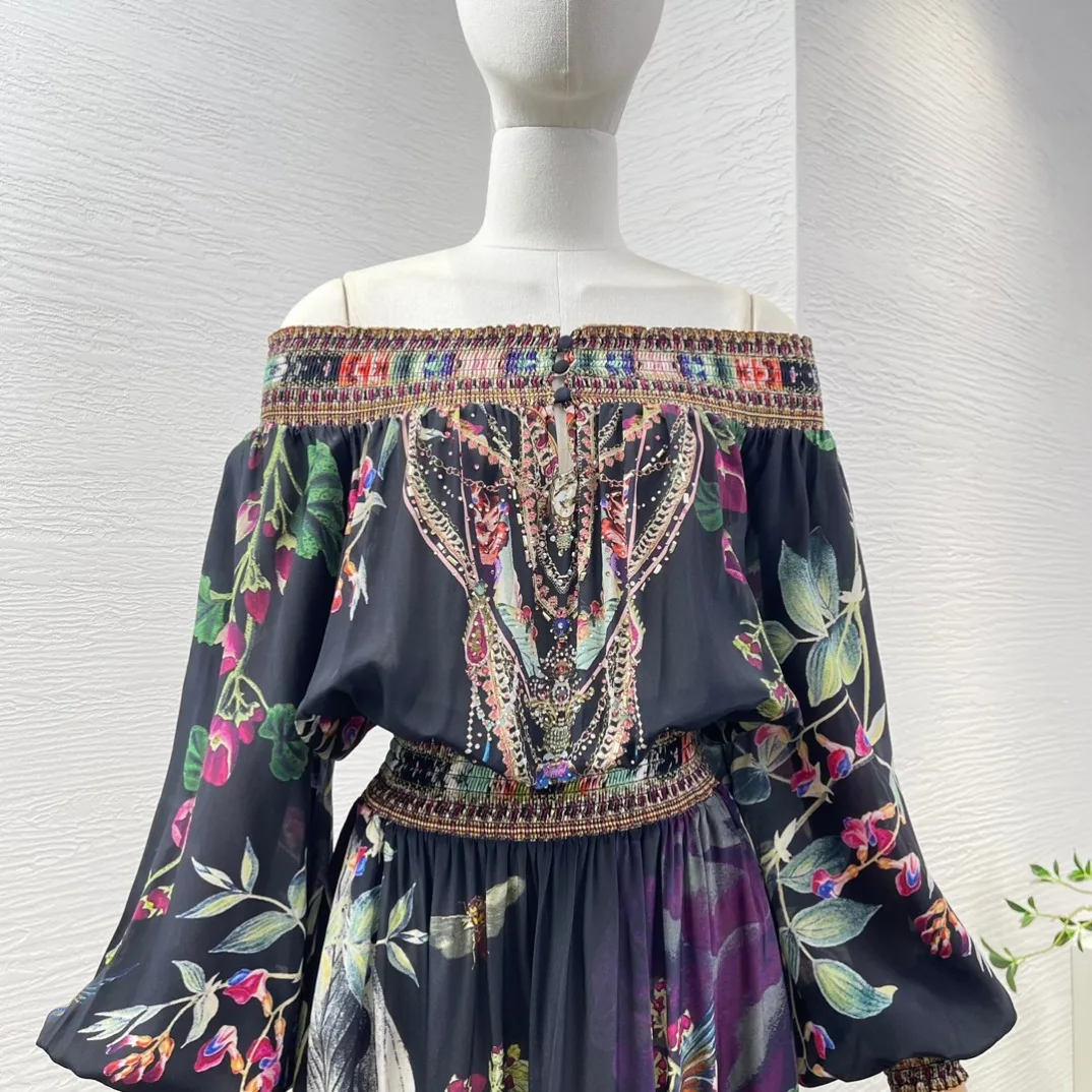 Vestido midi de seda con hombros descubiertos prensado Primavera Verano 2024 Diamantes de manga larga con estampado floral negro