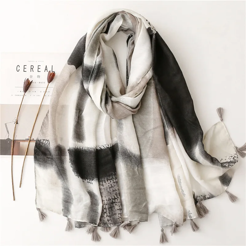 

Creative Fashion Ink Pattern Women's Long Scarf New 2023 Thin Soft Cotton Linen Beach Shawl Tassel Scarves for Lady Travel