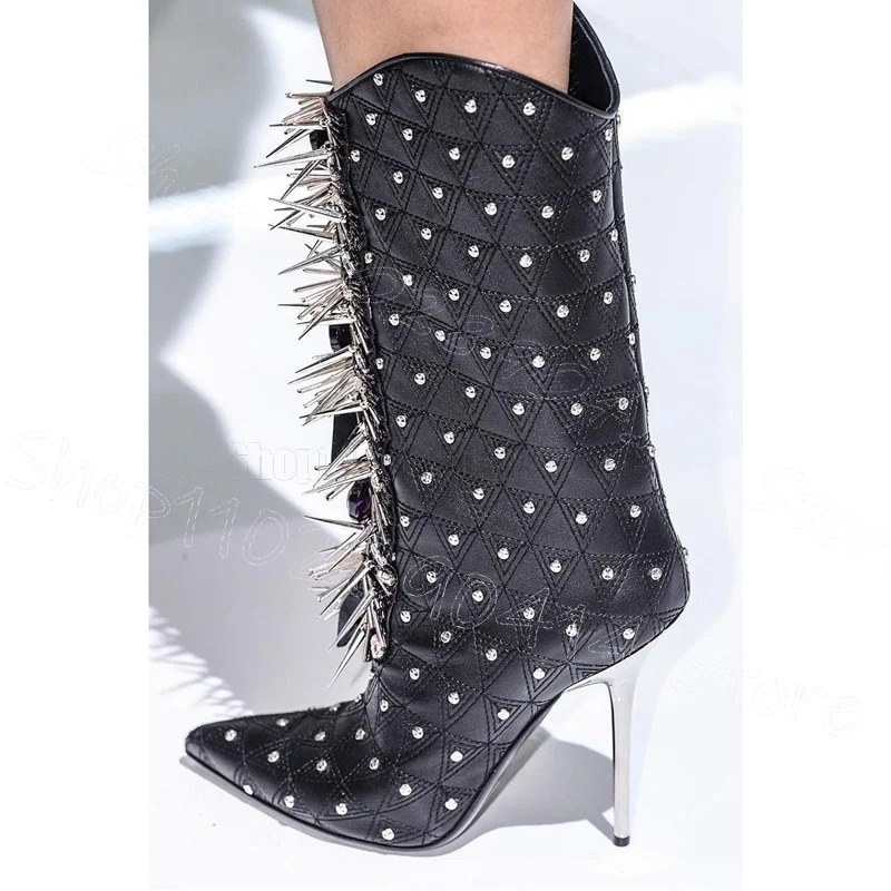 Spikes Design Geometric Print Pointed Toe Boots Slip On Women Shoes Thin High Heels Party Feast Runway 2025 Zapatos Para Mujere