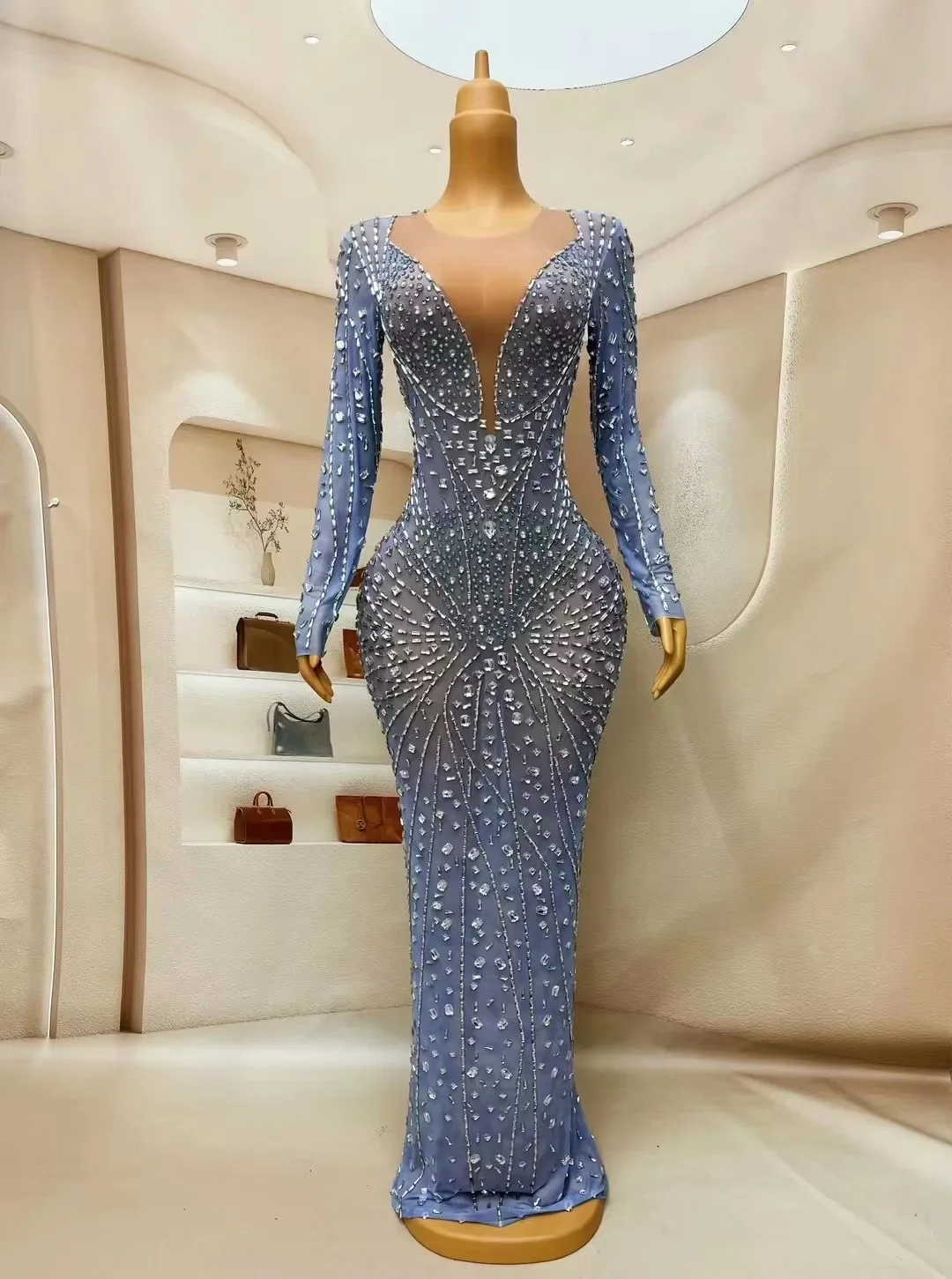 Strój do tańca, rozciągnięcia, kryształki, studniówka, piosenkarka, kolekcje taneczne, seksowny, sceniczny, błyszczący, srebrne cyrkonie, urodziny, świętowanie, niebieska sukienka