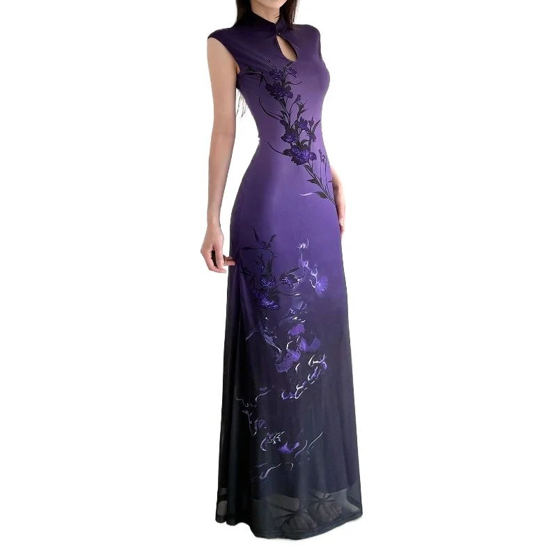 New Chinese Floral Print Cheongsam Collar Slim Dress Purple Rhyme Gradual Change Spice Girl Hip Wrap Dress Temperament Commuting