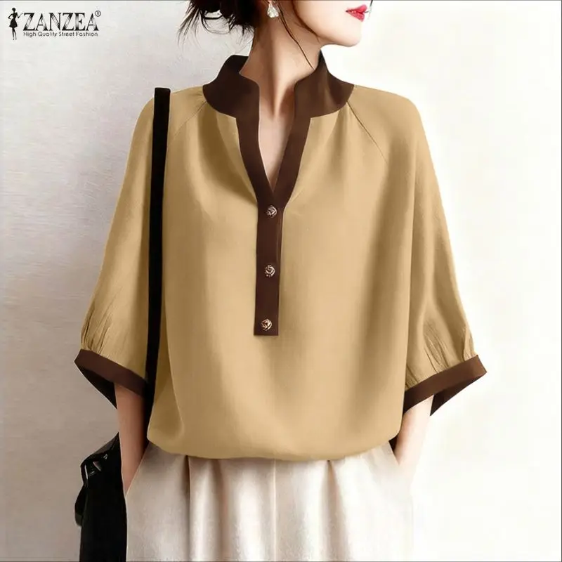 ZANZEA Women Casual Blouses Fashion 3/4 Sleeve Color Patchwork Shirts 2025 Autumn V-Neck Buttons Stylish Tops Female Blusas