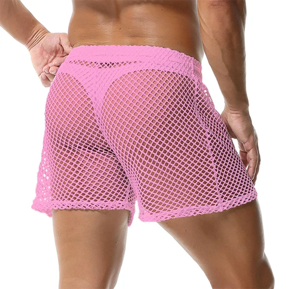 Men\'s Sexy Mesh Hollow Out Casual Shorts Drawstring Fishnet Breathable Soft Male Beach Trunks Bodybuilding Fitness Loose Shorts