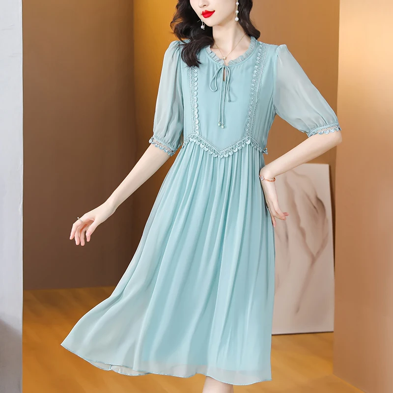 

2023 New Fashion Silk Solid Color Dress Women's Summer Elegant And Beautiful Loose Fit Leisure Party Dress Vestidos