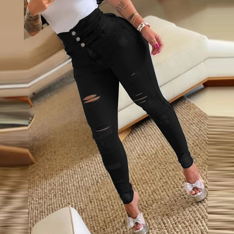 

New Autumn Fashion High Waist Button Slim Fit Long Pants Casual Pockets Tight Ripped Pants Elegant Women's Commuting Hole Jeans