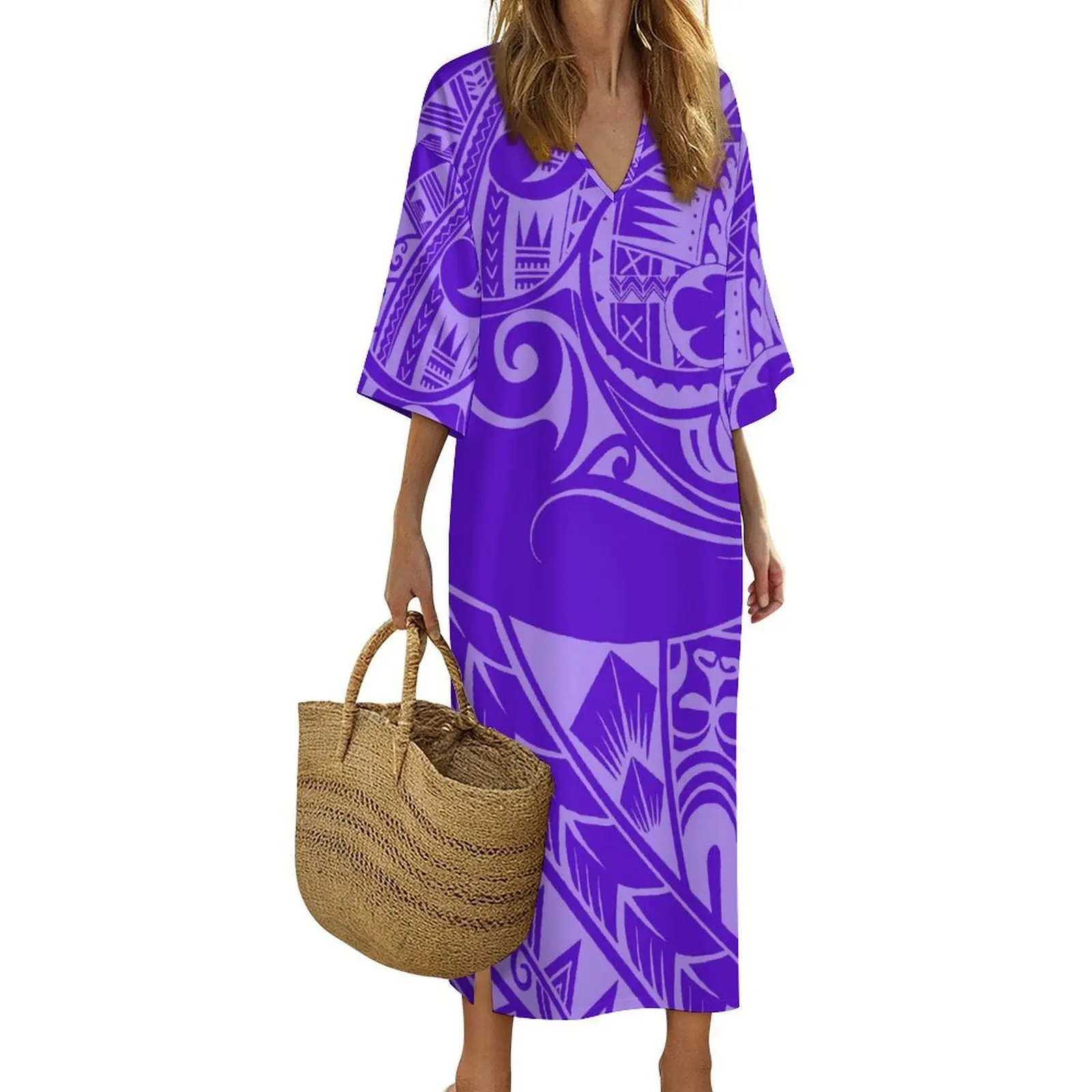 Simple And Elegant Summer New Custom-Made Clothing  Polynesian Floral Print Tribal Art Design Long Dress For Women